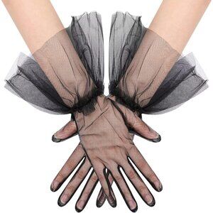 Women's Short Black Tulle Mesh Puffy Ruffle Gloves Wedding Party Prom Costume